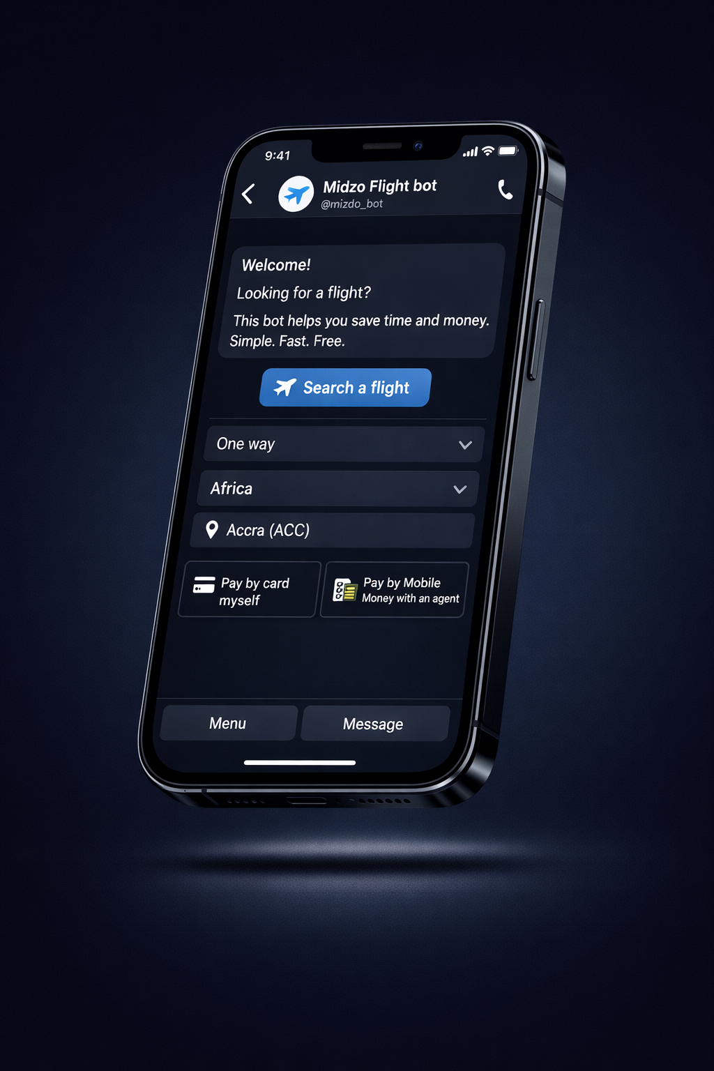 Midzo Flight Bot interface showing flight deals